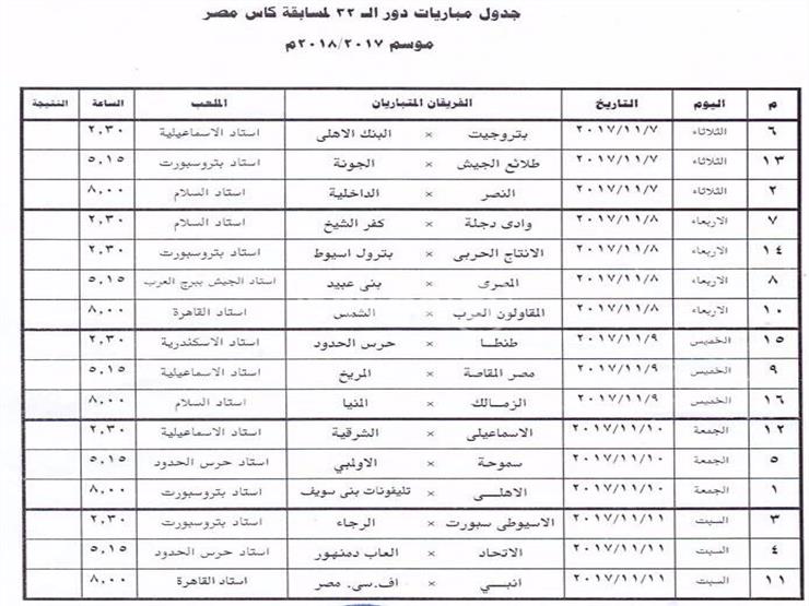 جدول مواعيد كأس مصر