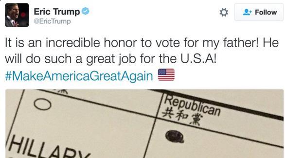 ايريك ترامب ينشر صورة سيلفي مع بطاقة اقتراع