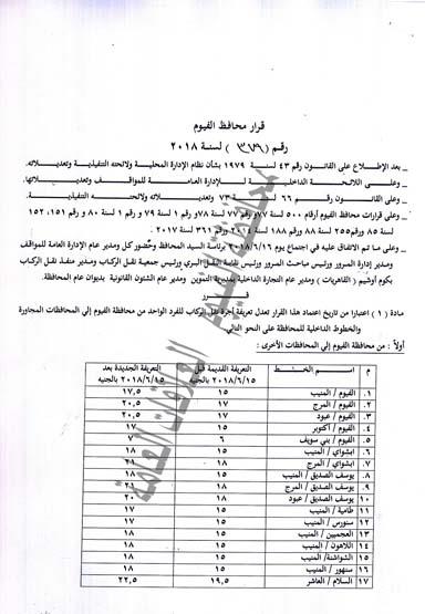 قرار محافظة الفيوم بتعريفة الأجرة الجديدة