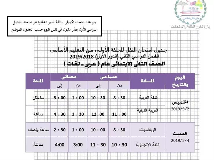 جداول امتحانات المرحلة الابتدائية بالجيزة