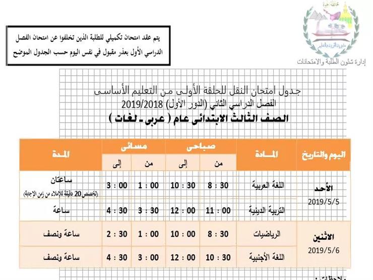 جداول امتحانات المرحلة الابتدائية بالجيزة